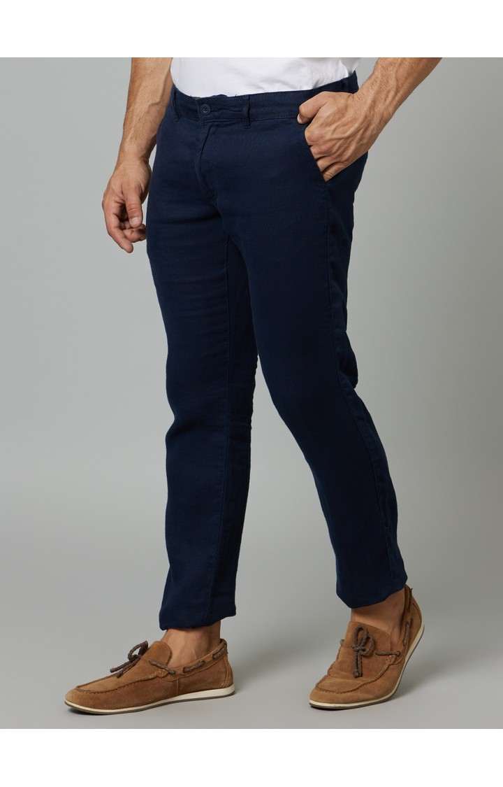 Men's Blue Linen Solid Trousers