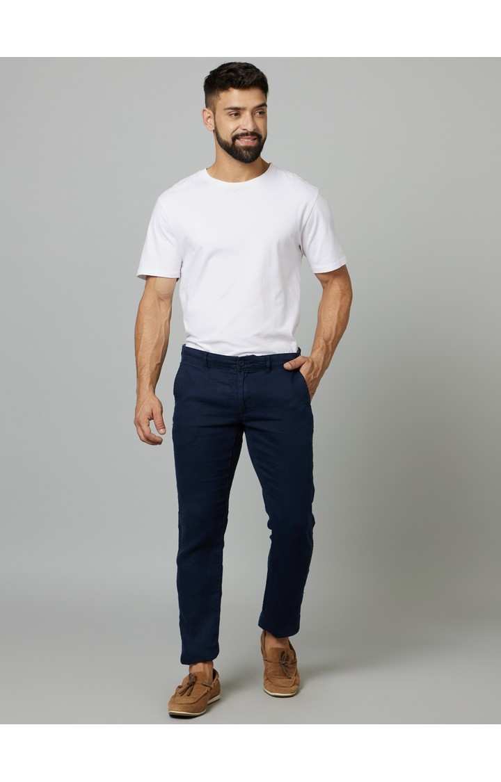 Men's Blue Linen Solid Trousers