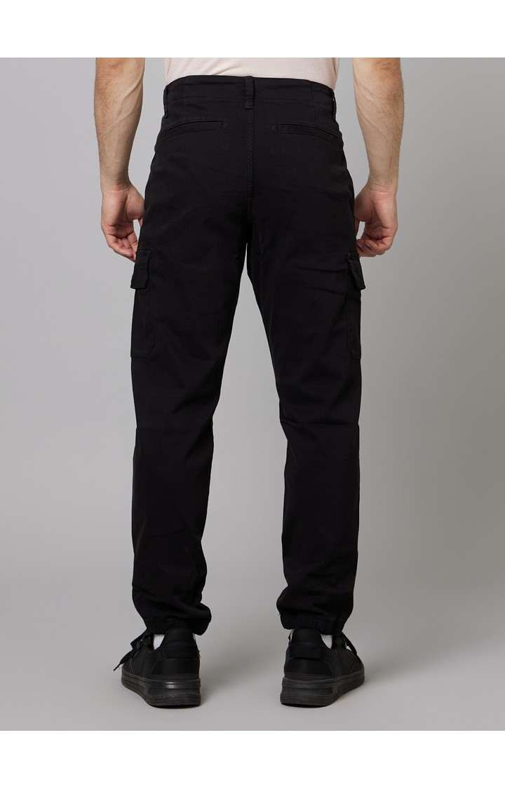 Men's Black Cotton Blend Solid Cargos