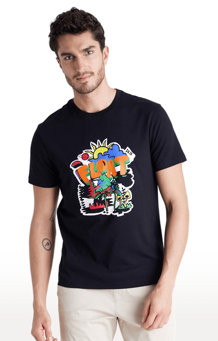 celio | Men's Black Graphics Regular T-Shirts 0