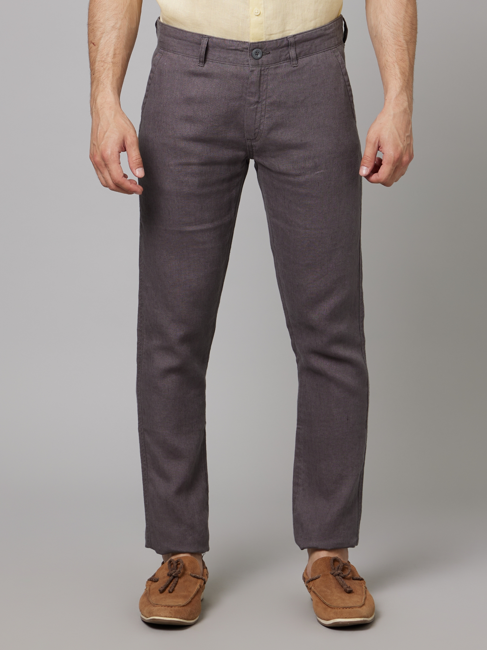 Men's Grey Linen Solid Trousers