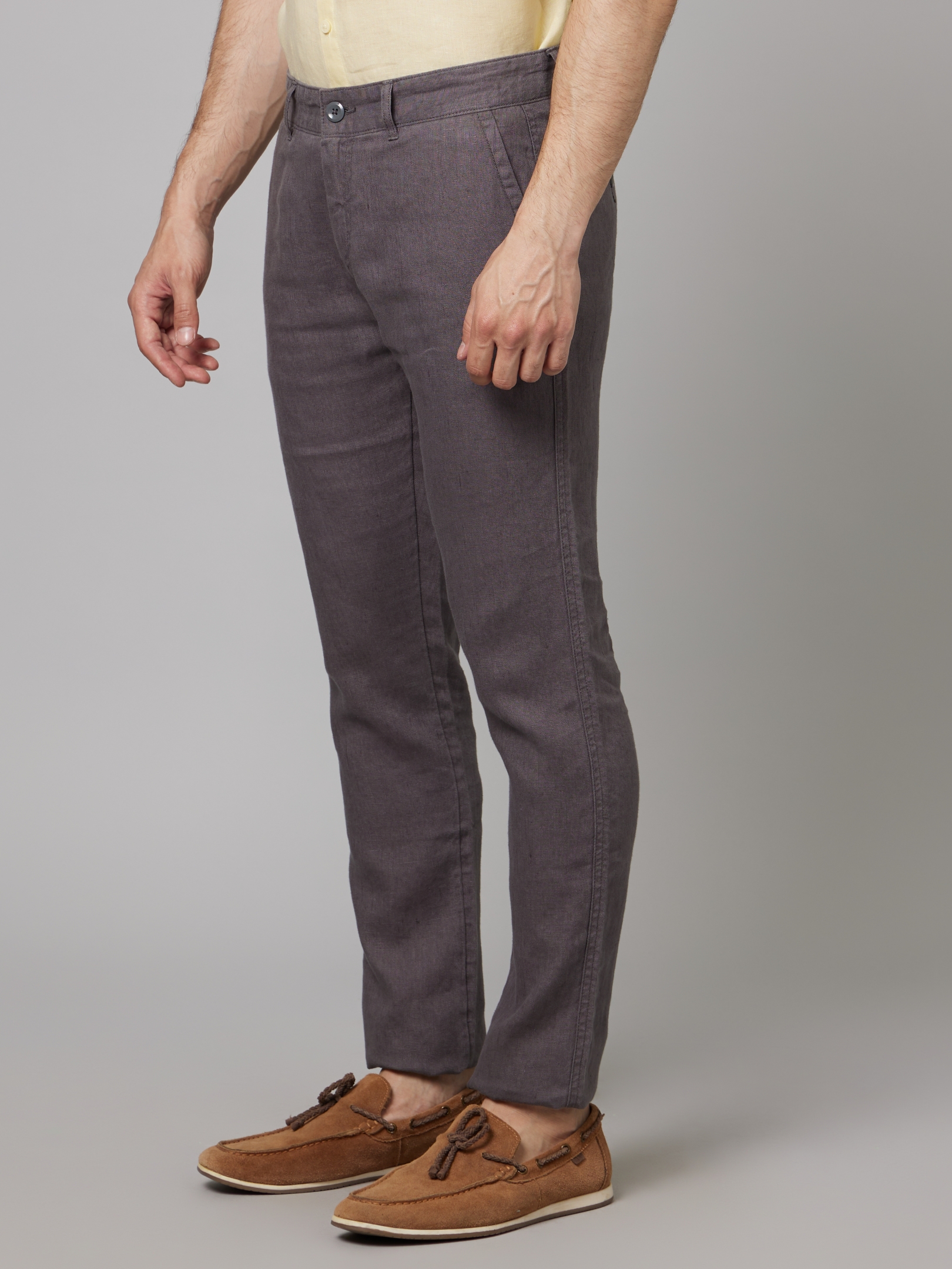 Men's Grey Linen Solid Trousers