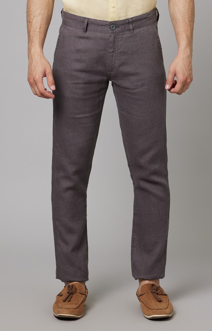 celio | Men's Grey Linen Solid Trousers