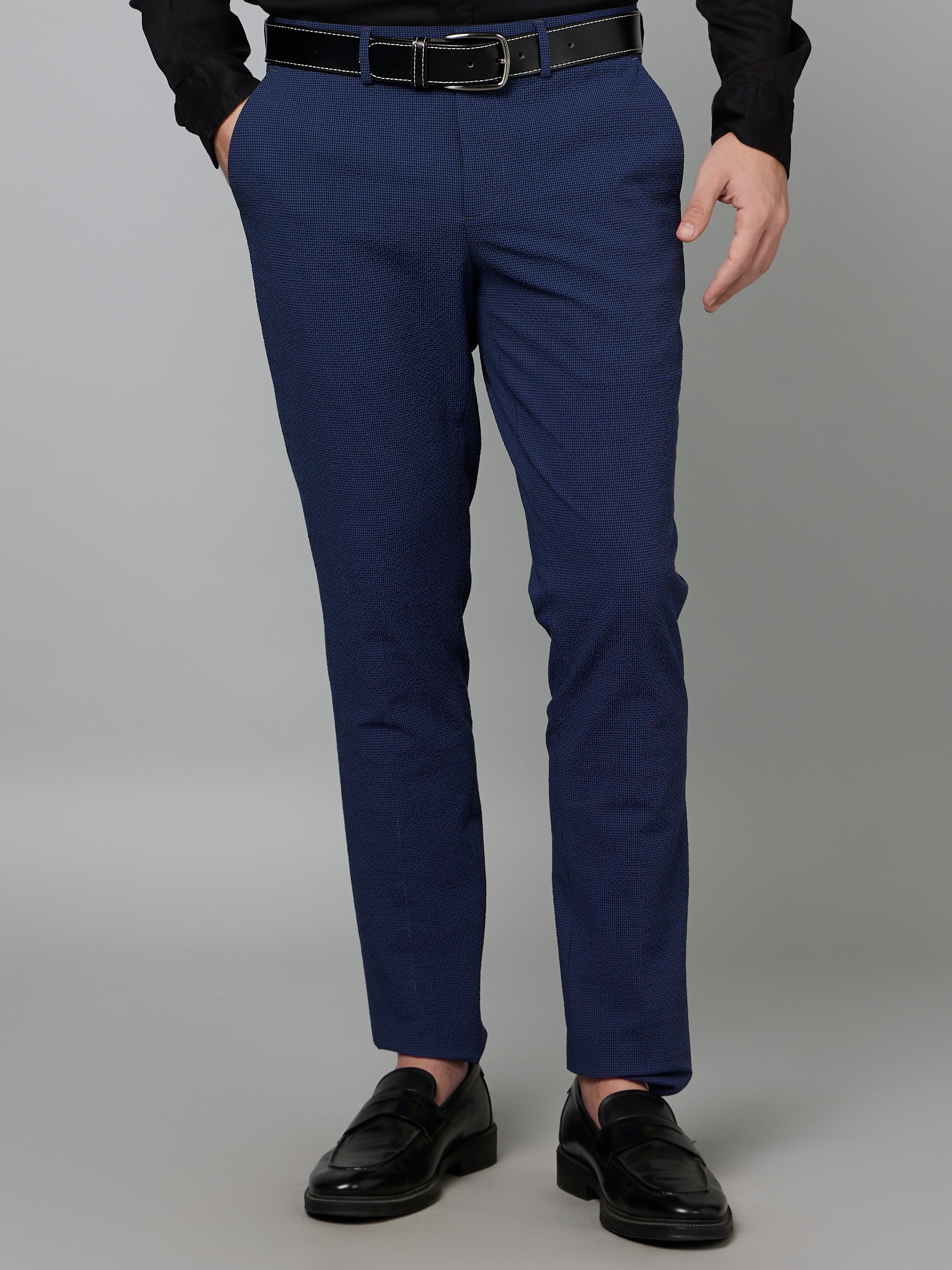celio | Men's Blue Cotton Blend Solid Trousers