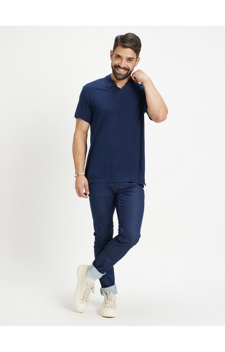 Men's Blue Cotton Blend Solid Slim Jeans