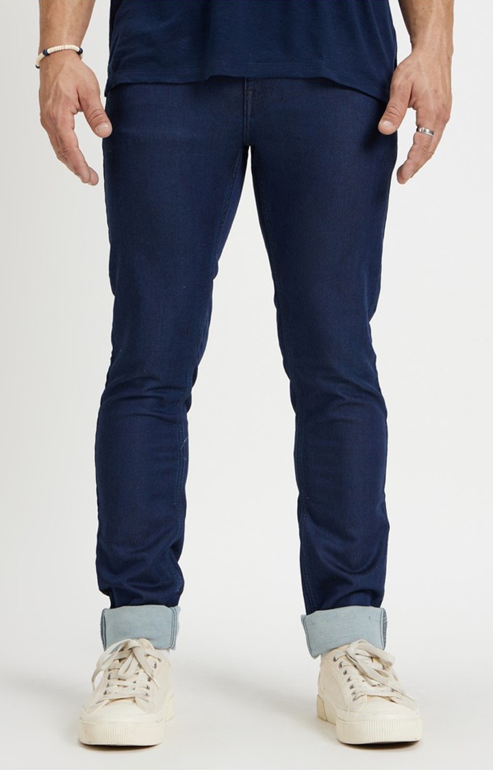 Men's Blue Cotton Blend Solid Slim Jeans