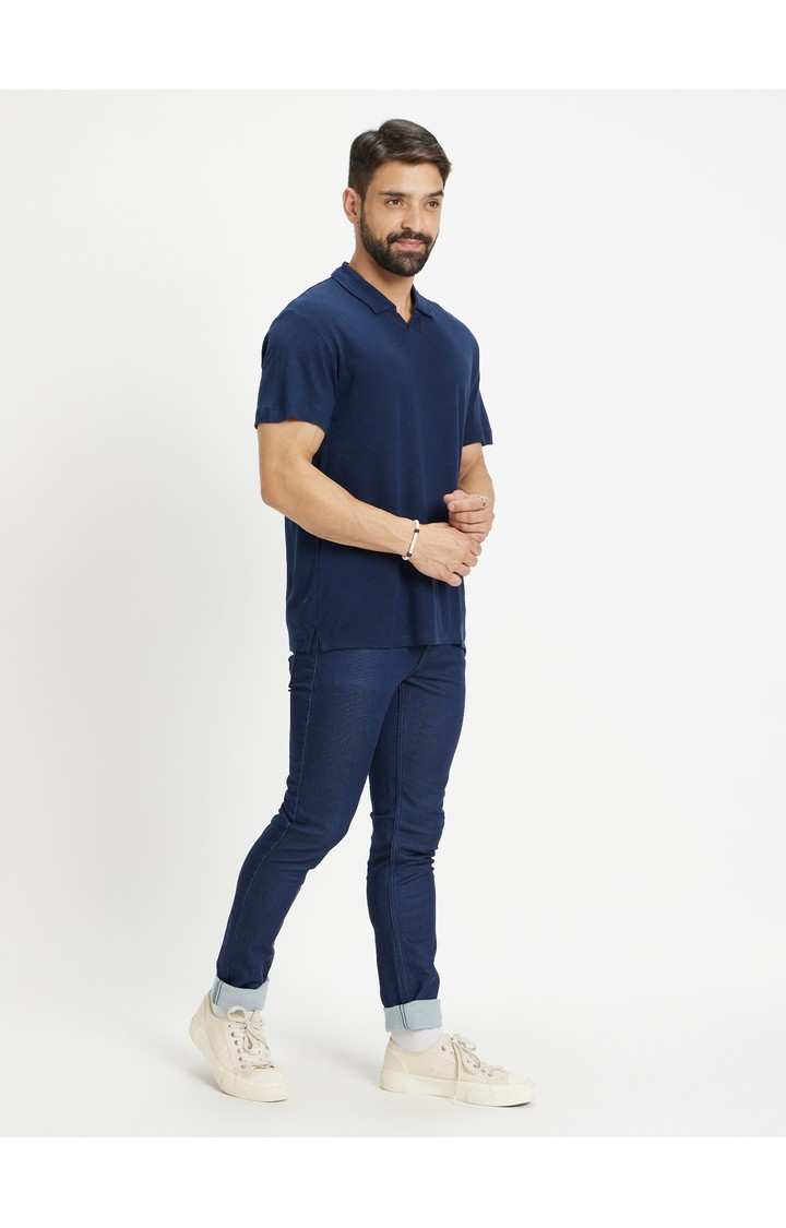Men's Blue Cotton Blend Solid Slim Jeans