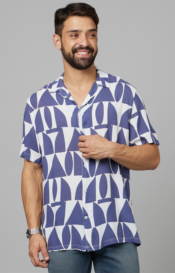 Men's Blue Geometrical Casual Shirts