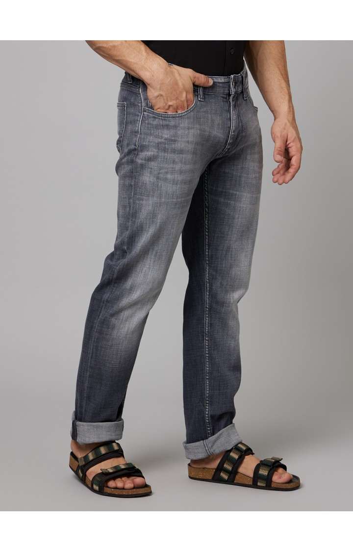 Men's Grey Cotton Blend Solid Regular Jeans