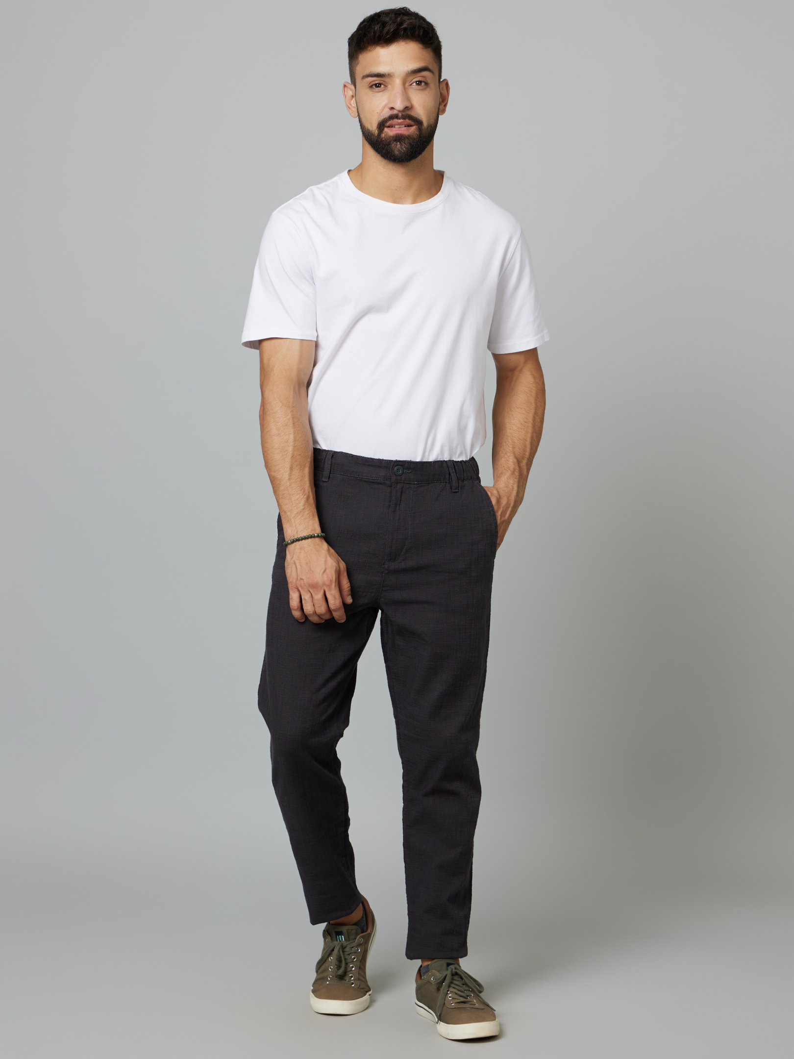 Men's Grey Cotton Solid Trousers