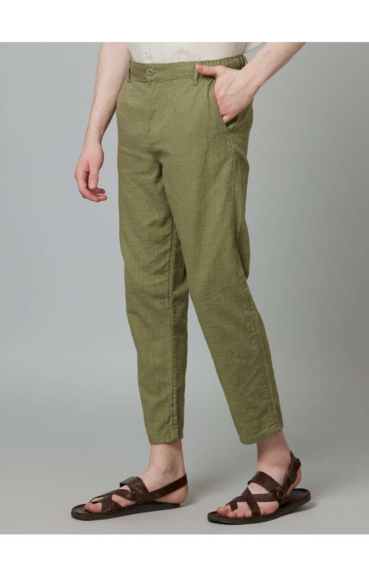 Men's Green Cotton Solid Trousers