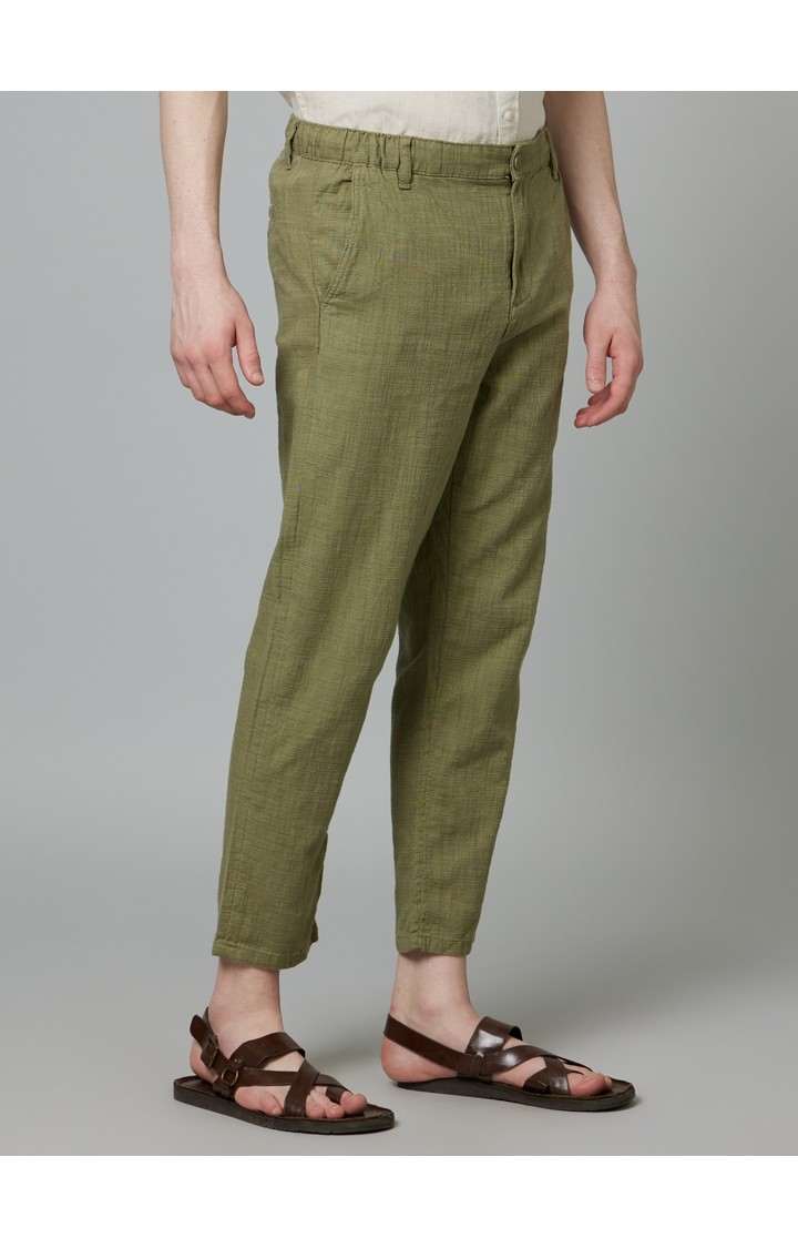 Men's Green Cotton Solid Trousers