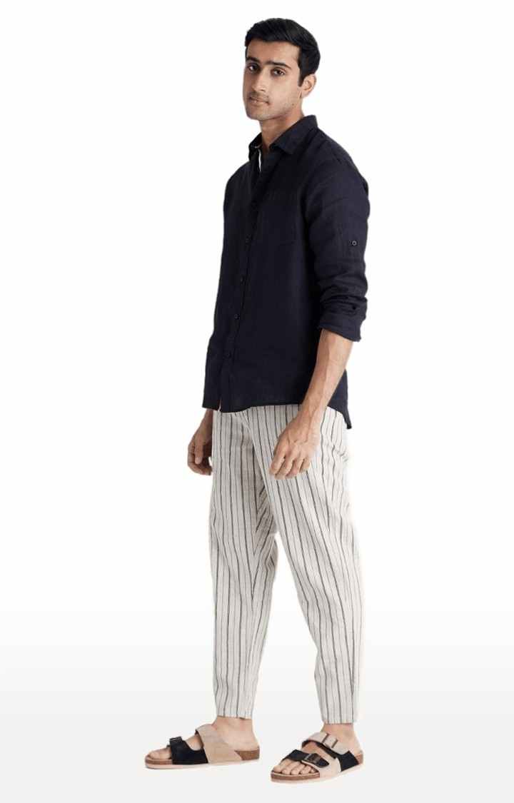 Men's White Cotton Striped Trousers