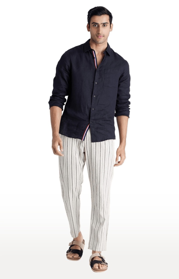 celio | Men's White Cotton Striped Trousers