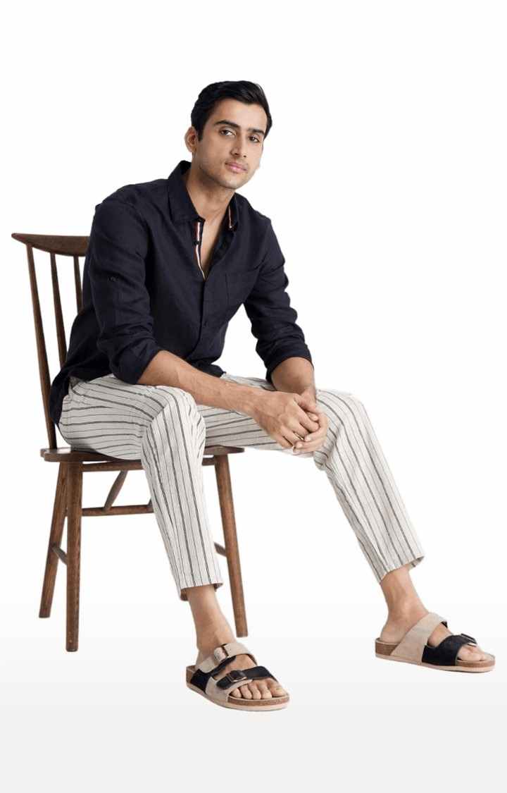 Men's White Cotton Striped Trousers