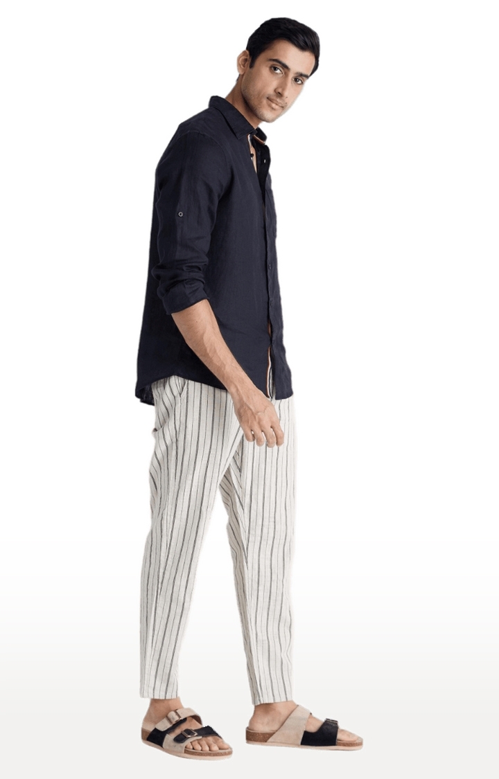 celio | Men's White Cotton Striped Trousers 3