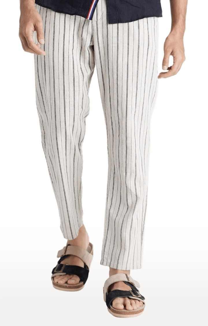 Men's White Cotton Striped Trousers