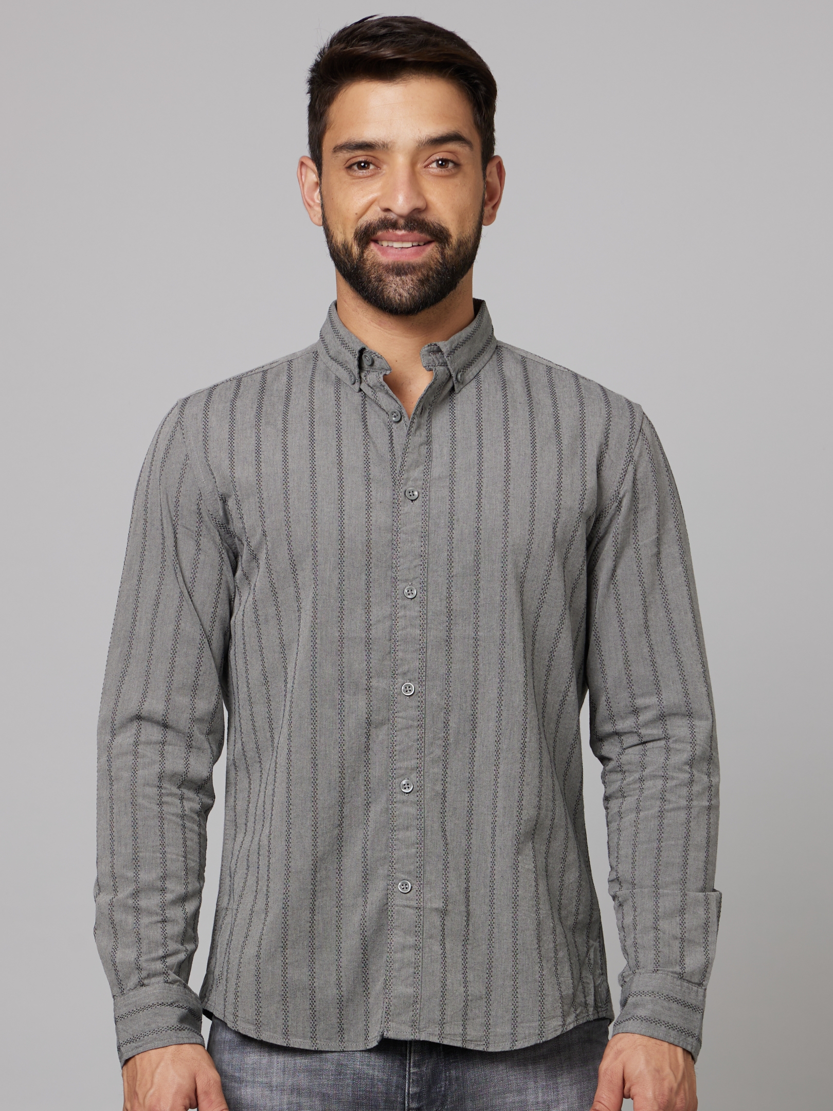 celio | Men's Grey Striped Casual Shirts