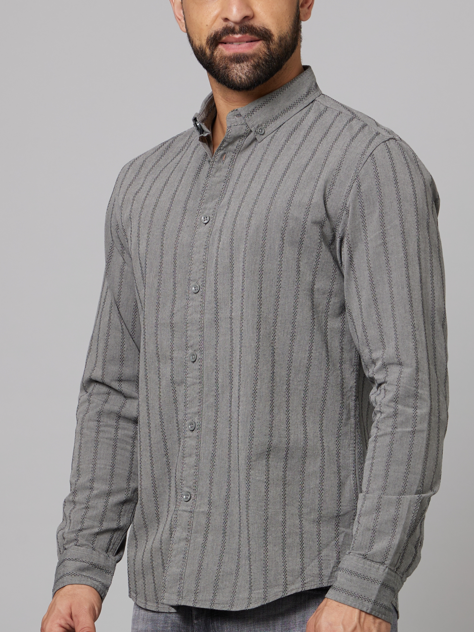 Men's Grey Striped Casual Shirts