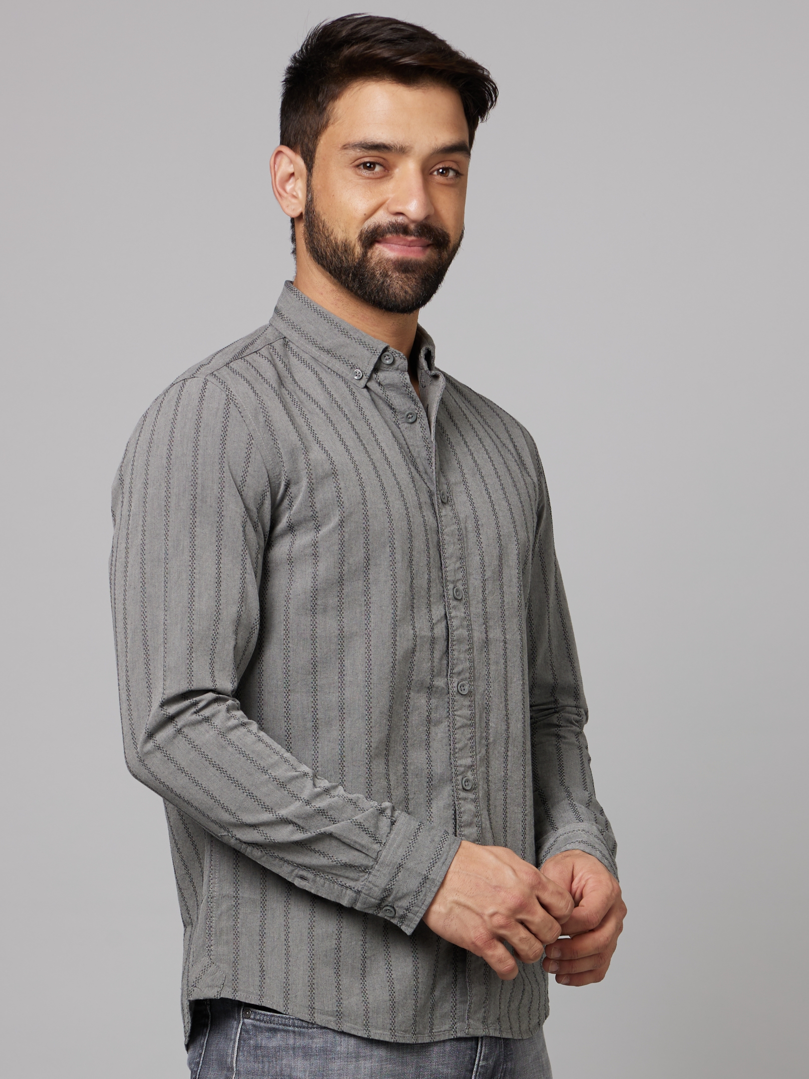 Men's Grey Striped Casual Shirts