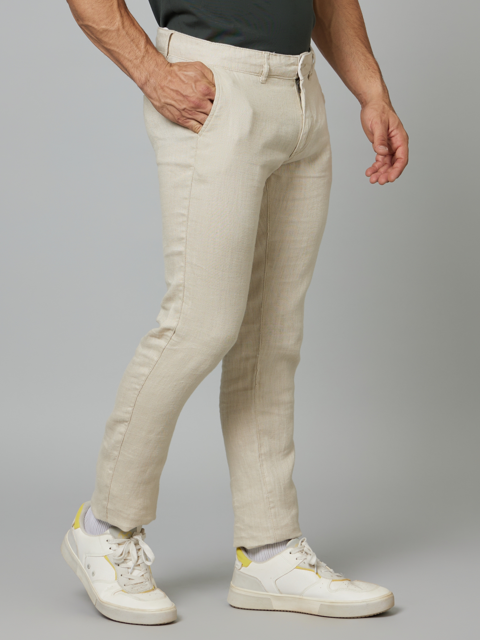 Men's Beige Linen Solid Trousers