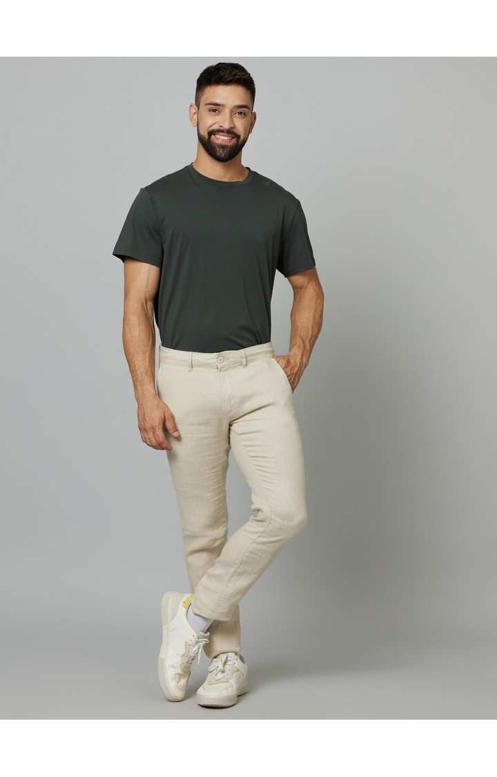 Men's Beige Linen Solid Trousers