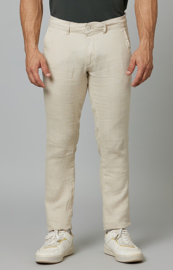 celio | Men's Beige Linen Solid Trousers