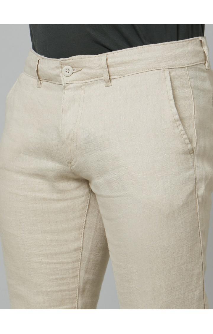 Men's Beige Linen Solid Trousers