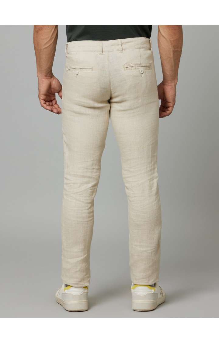 Men's Beige Linen Solid Trousers