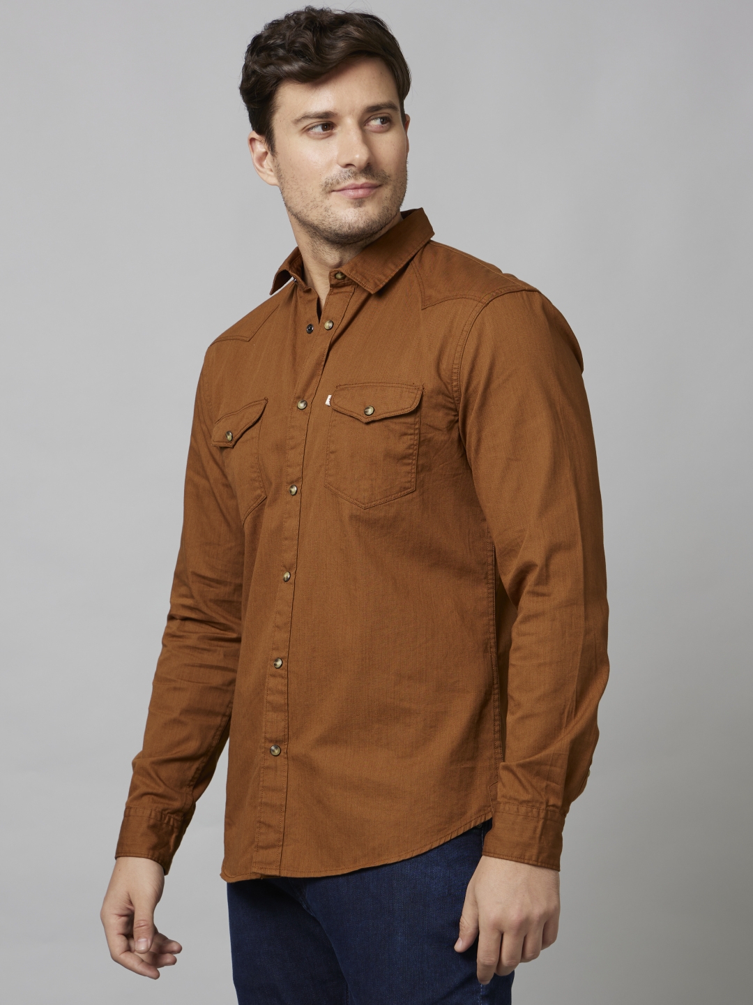 Men's Brown Solid Casual Shirts