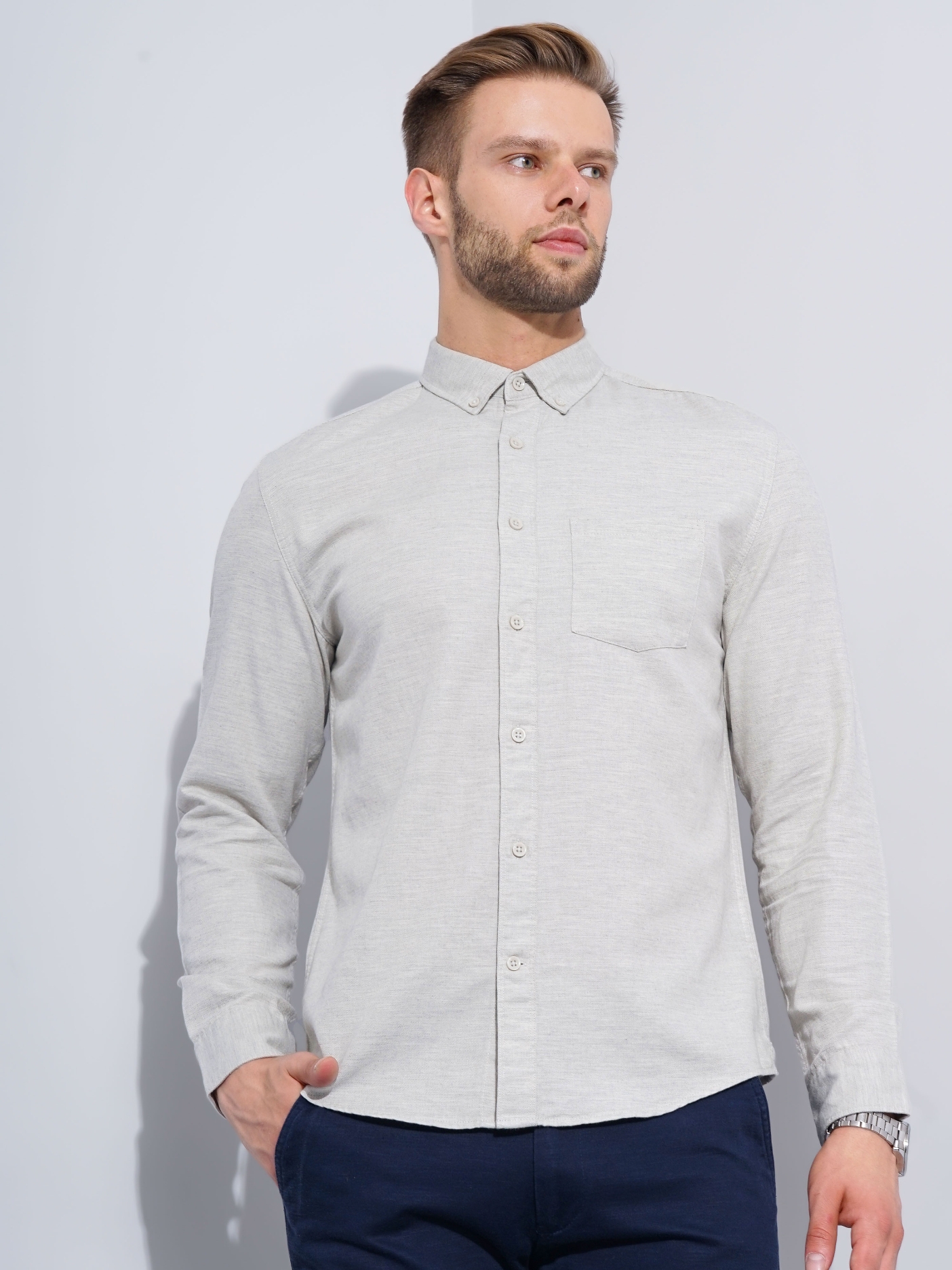 celio | Men's Beige Handwoven Formal Shirts