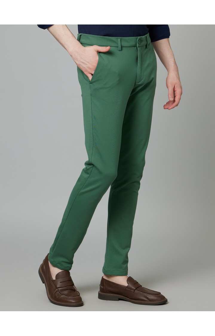 Men's Green Cotton Blend Solid Chinos