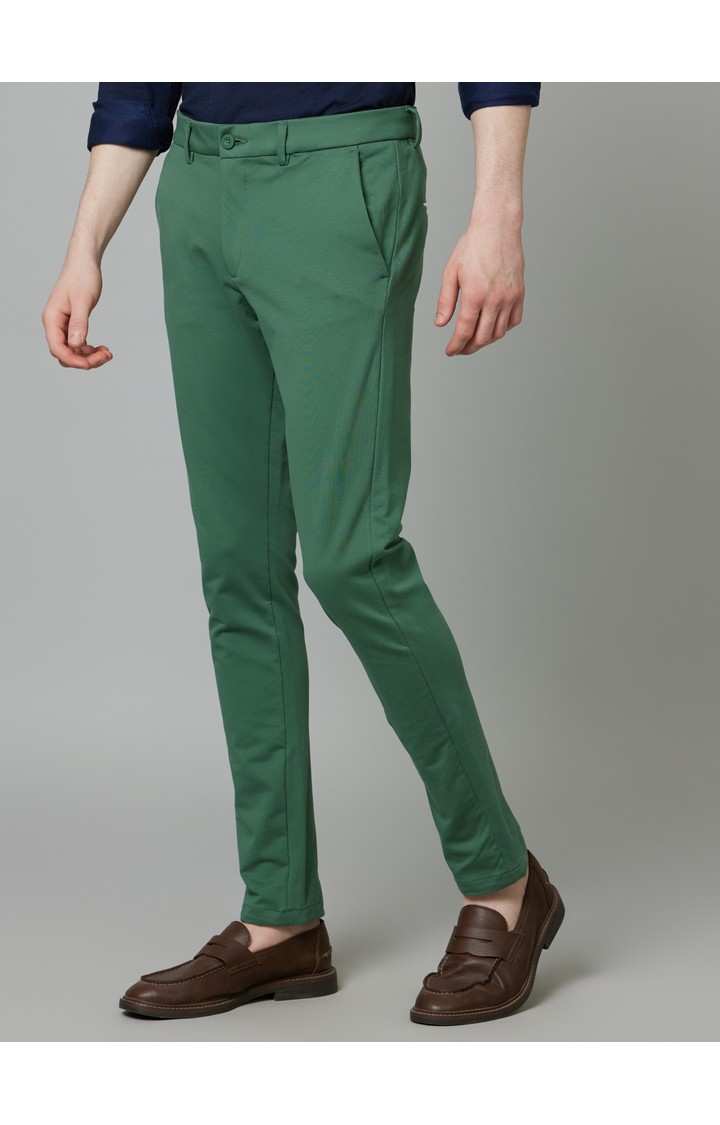 Men's Green Cotton Blend Solid Chinos