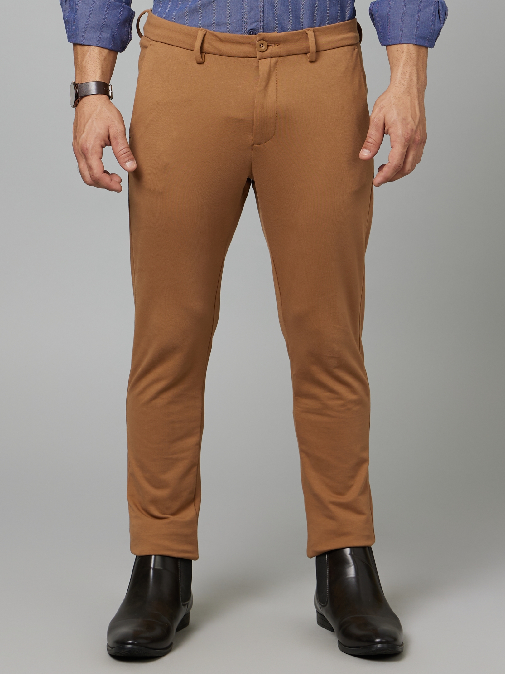 celio | Men's Brown Cotton Blend Solid Trousers