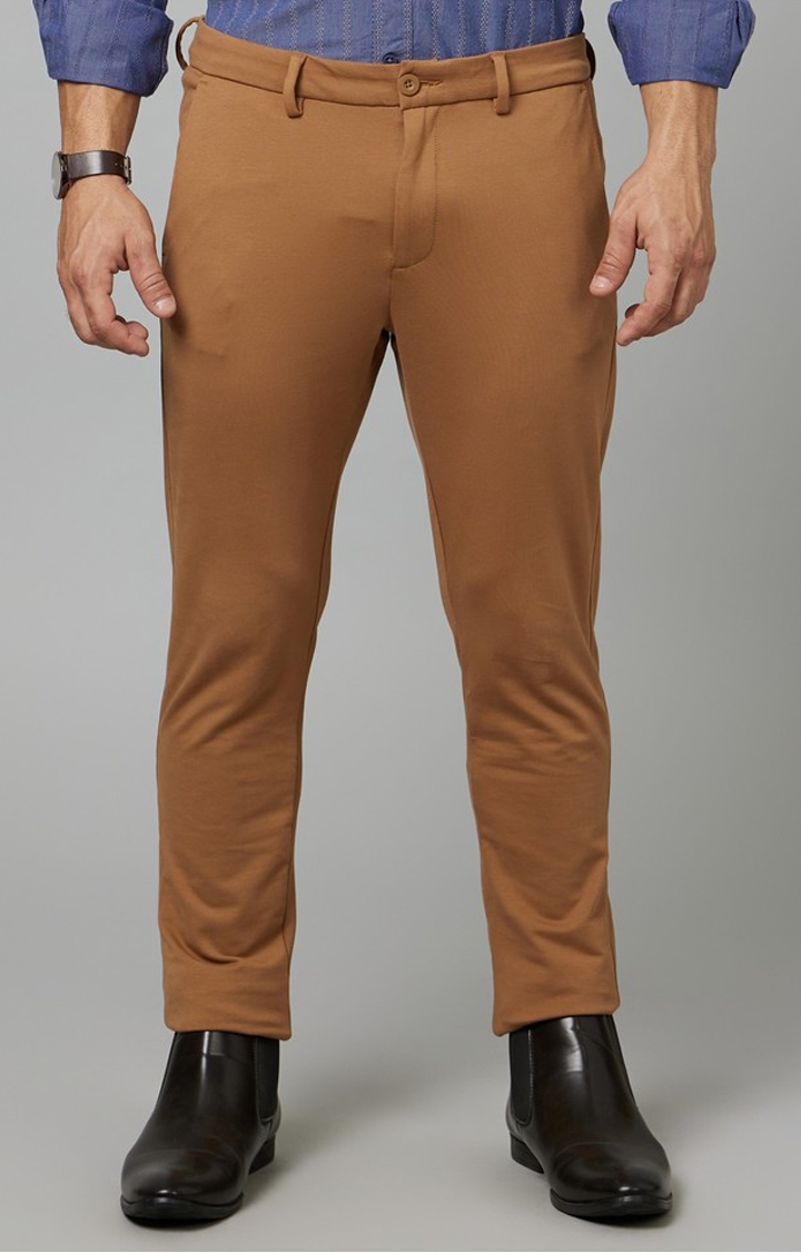 Men's Brown Cotton Blend Solid Trousers