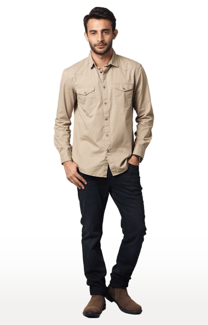 celio | Men's Beige Solid Casual Shirts 1
