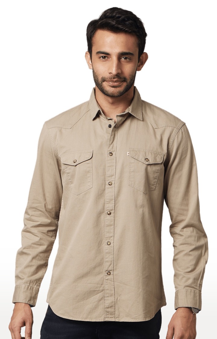 celio | Men's Beige Solid Casual Shirts