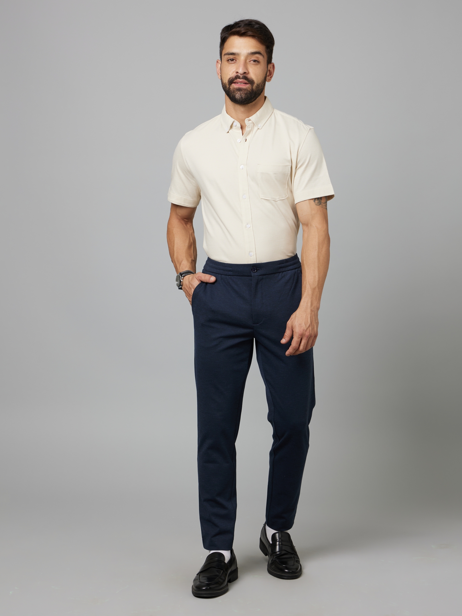 Men's Blue Polyester Solid Trousers