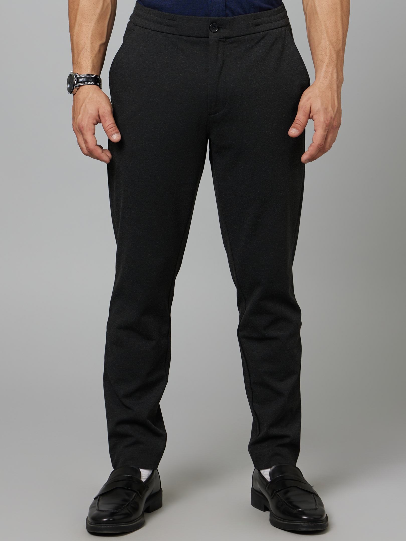 Men's Black Polyester Solid Trousers