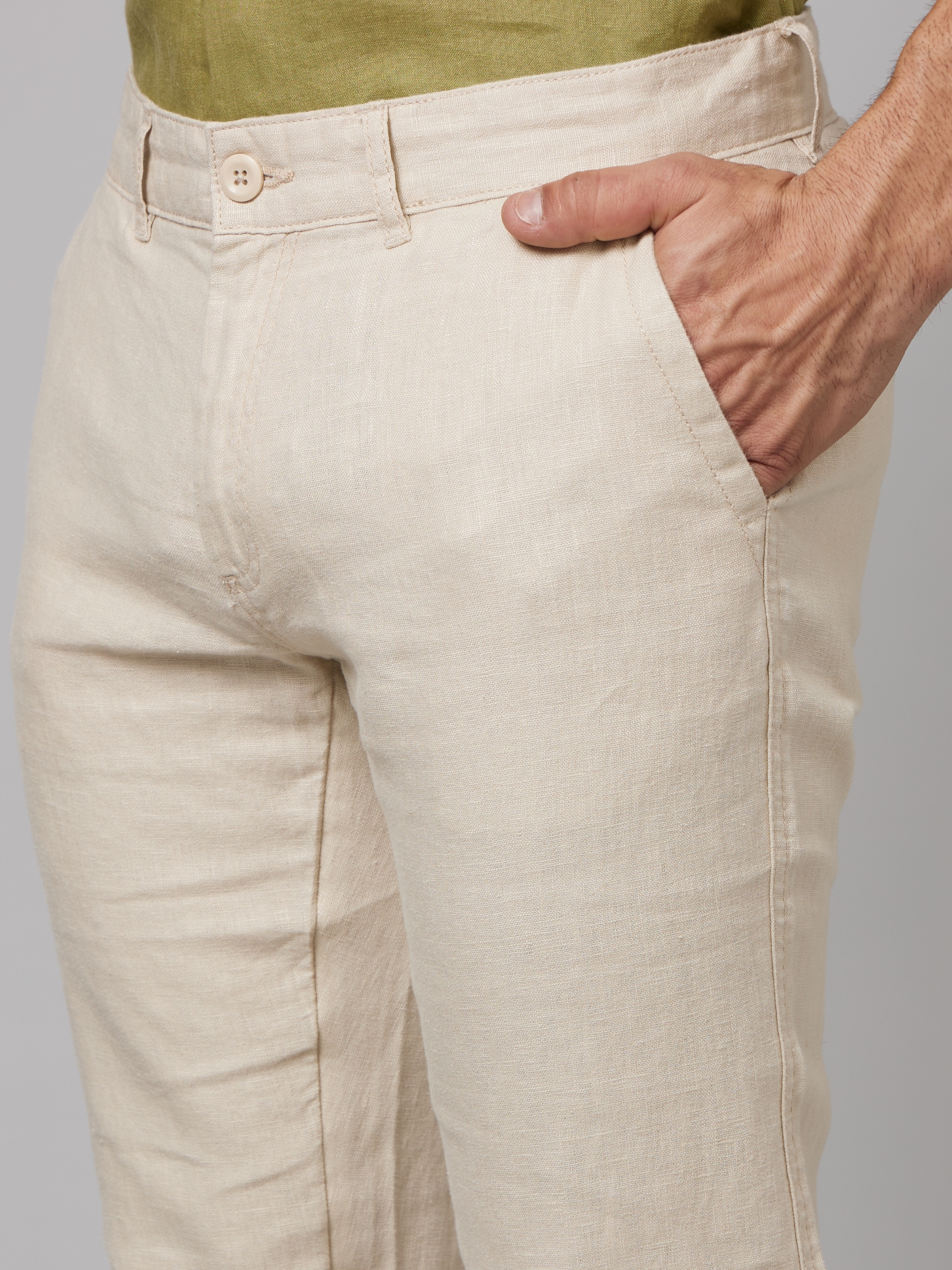 Men's Beige Linen Solid Chinos