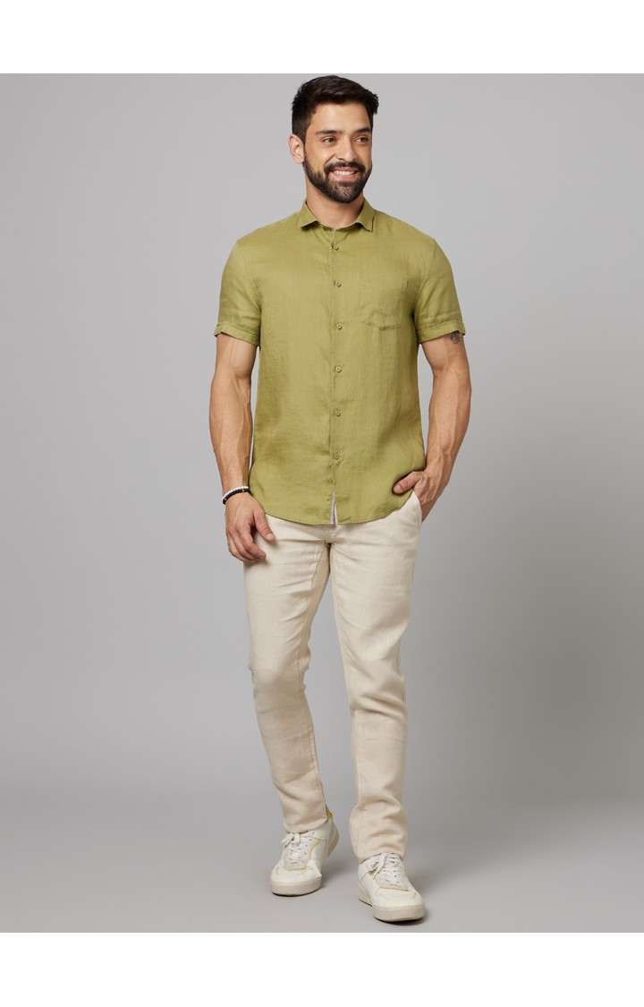 Men's Beige Linen Solid Chinos