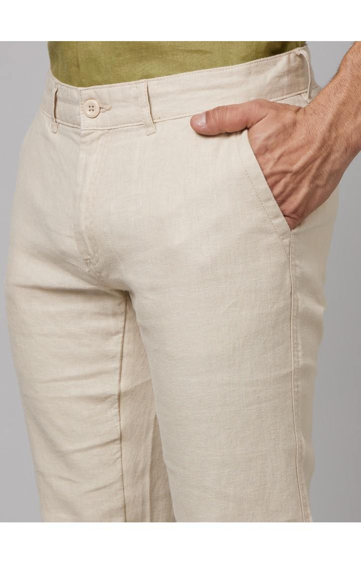 Men's Beige Linen Solid Chinos