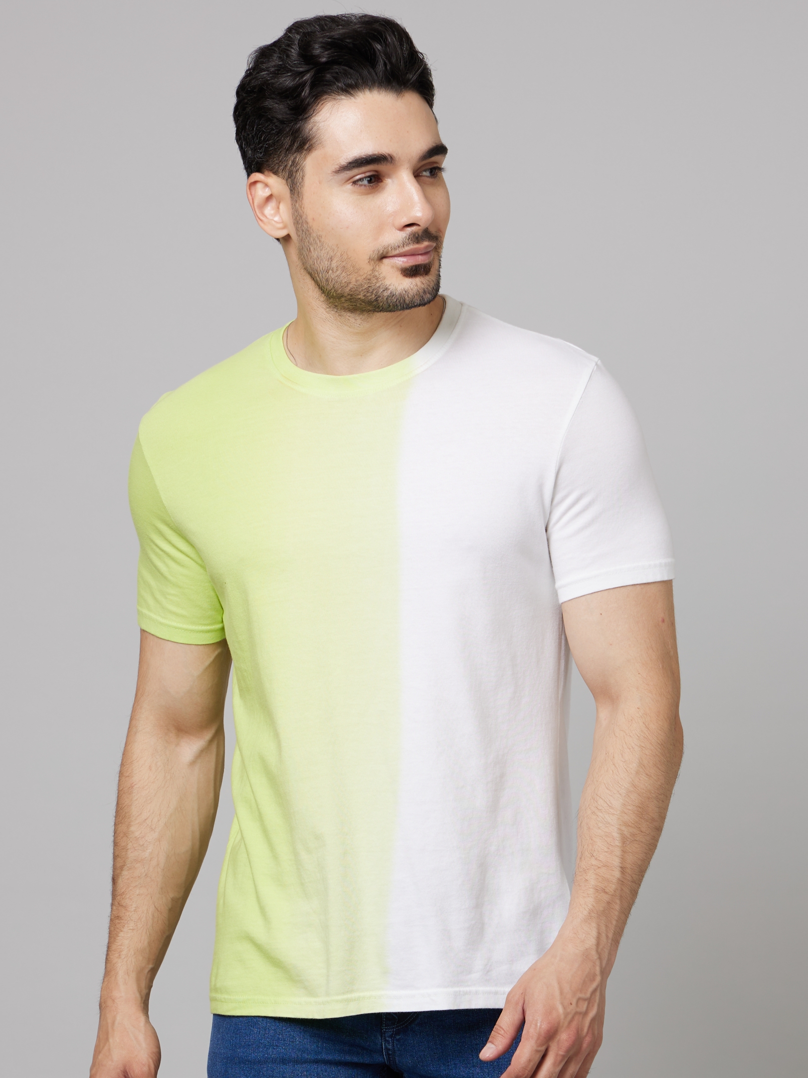 celio | Men's Green Colourblock Regular T-Shirts
