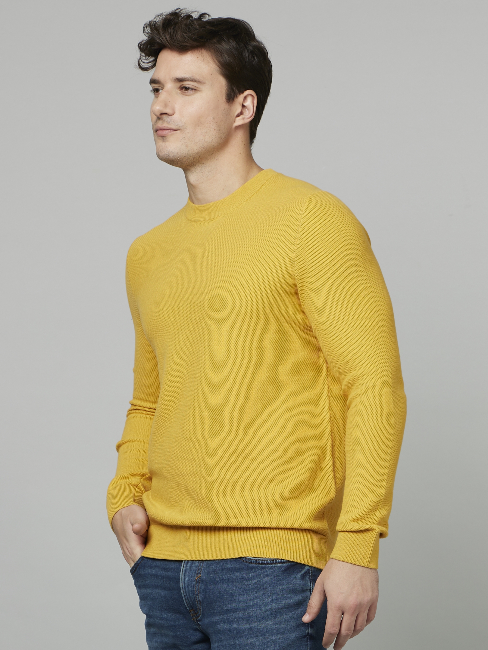 Men's Yellow Solid Sweaters