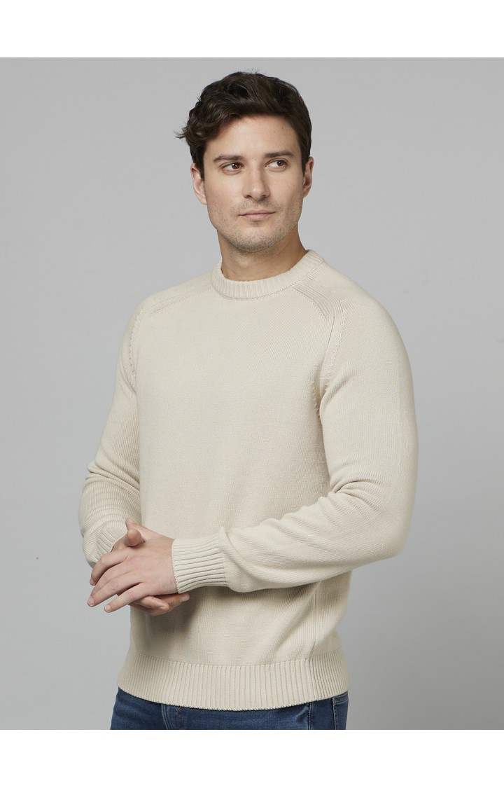 Men's Beige Solid Sweaters