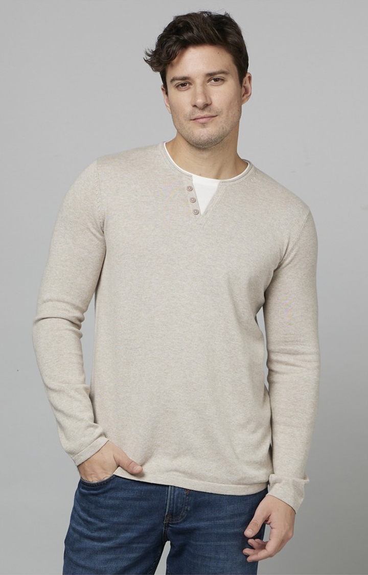 Men's Beige Solid Sweaters