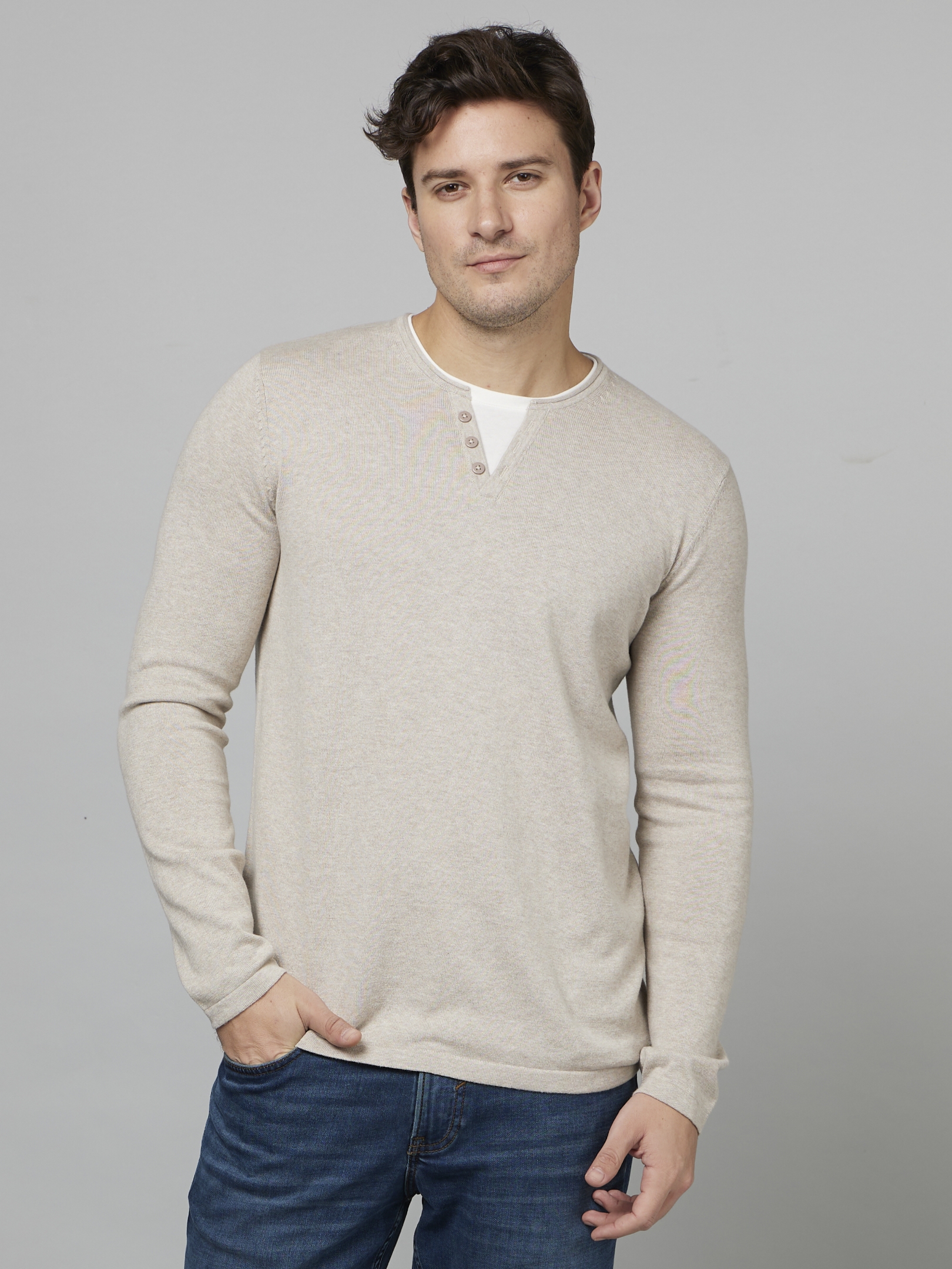 celio | Men's Beige Solid Sweaters