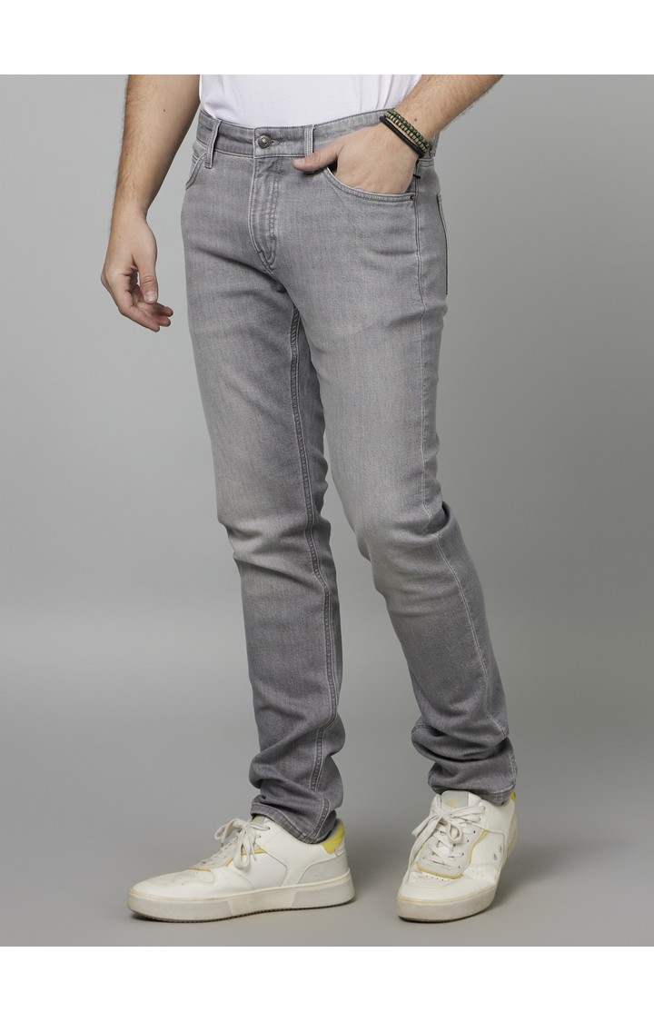 Men's Grey Cotton Blend Solid Slim Jeans