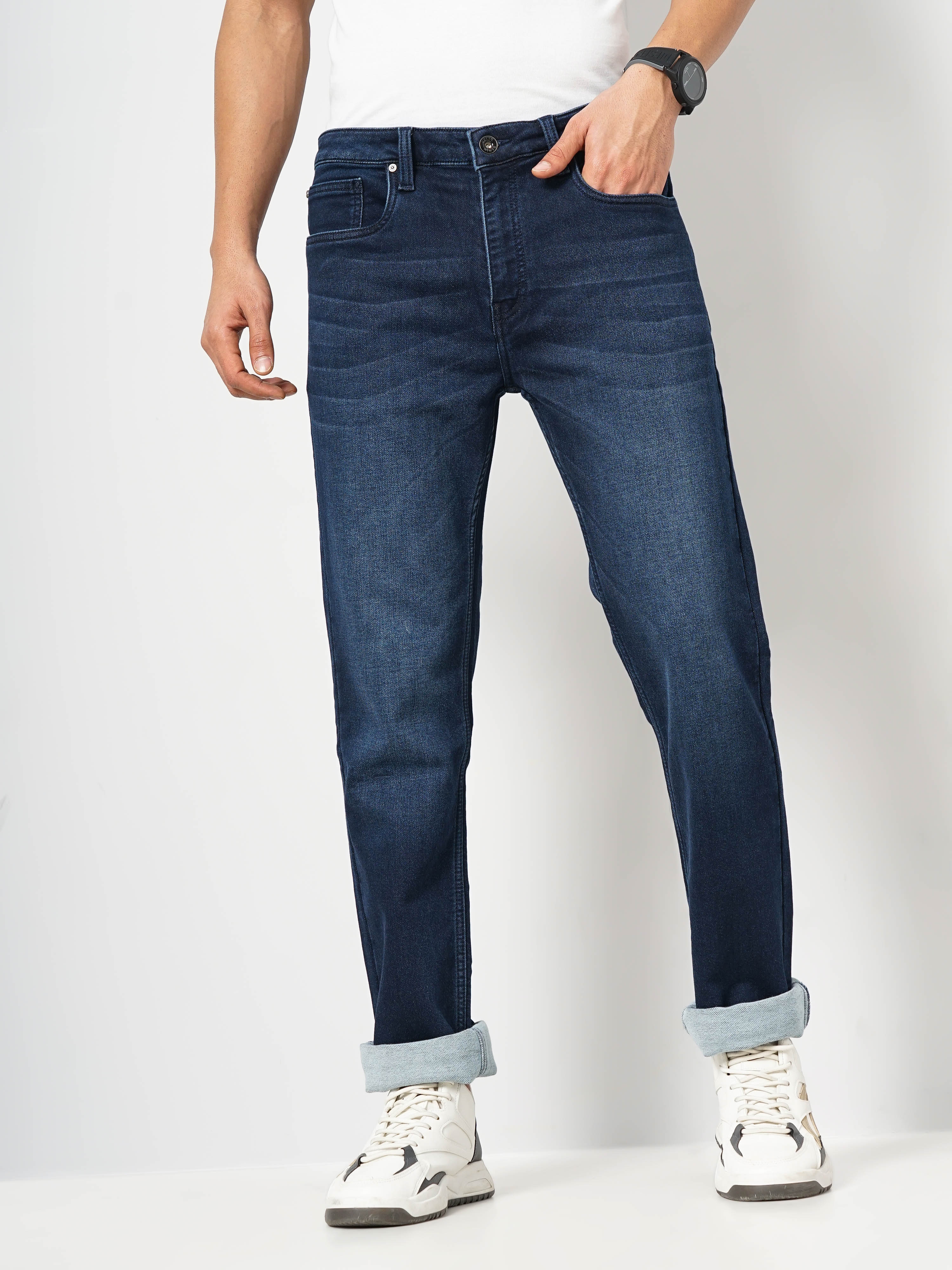 Celio Men Blue Solid Straight Fit Cotton Knit Denim Jeans