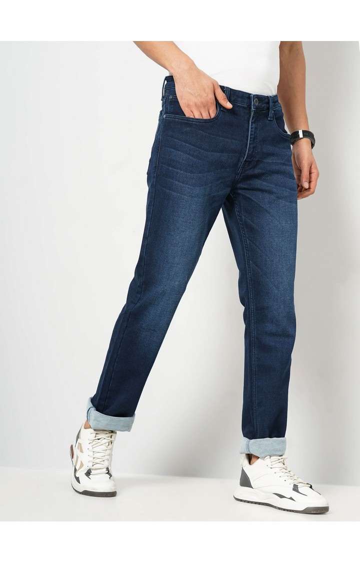 Celio Men Blue Solid Straight Fit Cotton Knit Denim Jeans